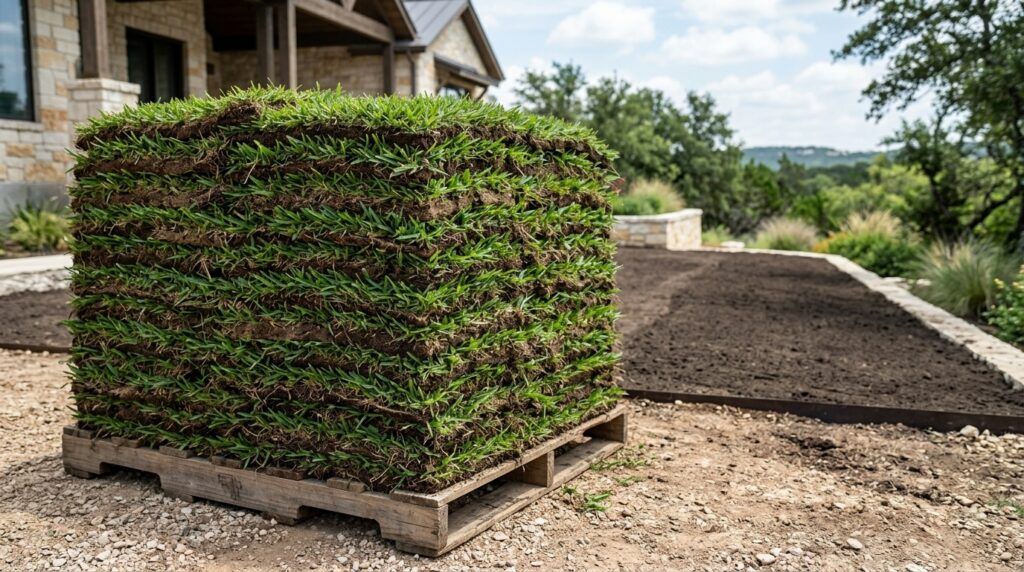 Palisades Zoysia sod shows dense, deep-green blades in freshly laid strips with visible seams.