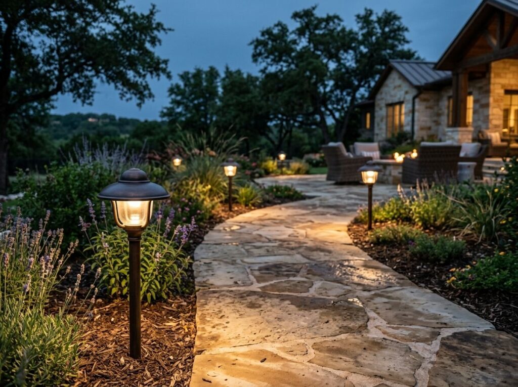 Classic Path Light path light landscape lighting with bronze stake fixture illuminating a garden walkway.