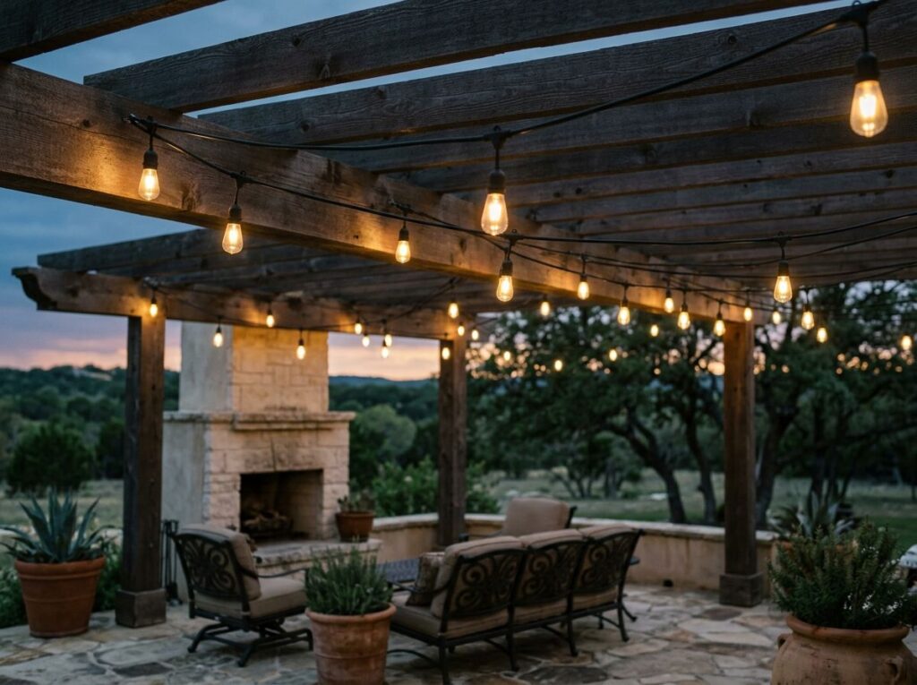 Patio Bistro String Lights landscape lighting strung above patio, warm bulbs on black cable glowing overhead.