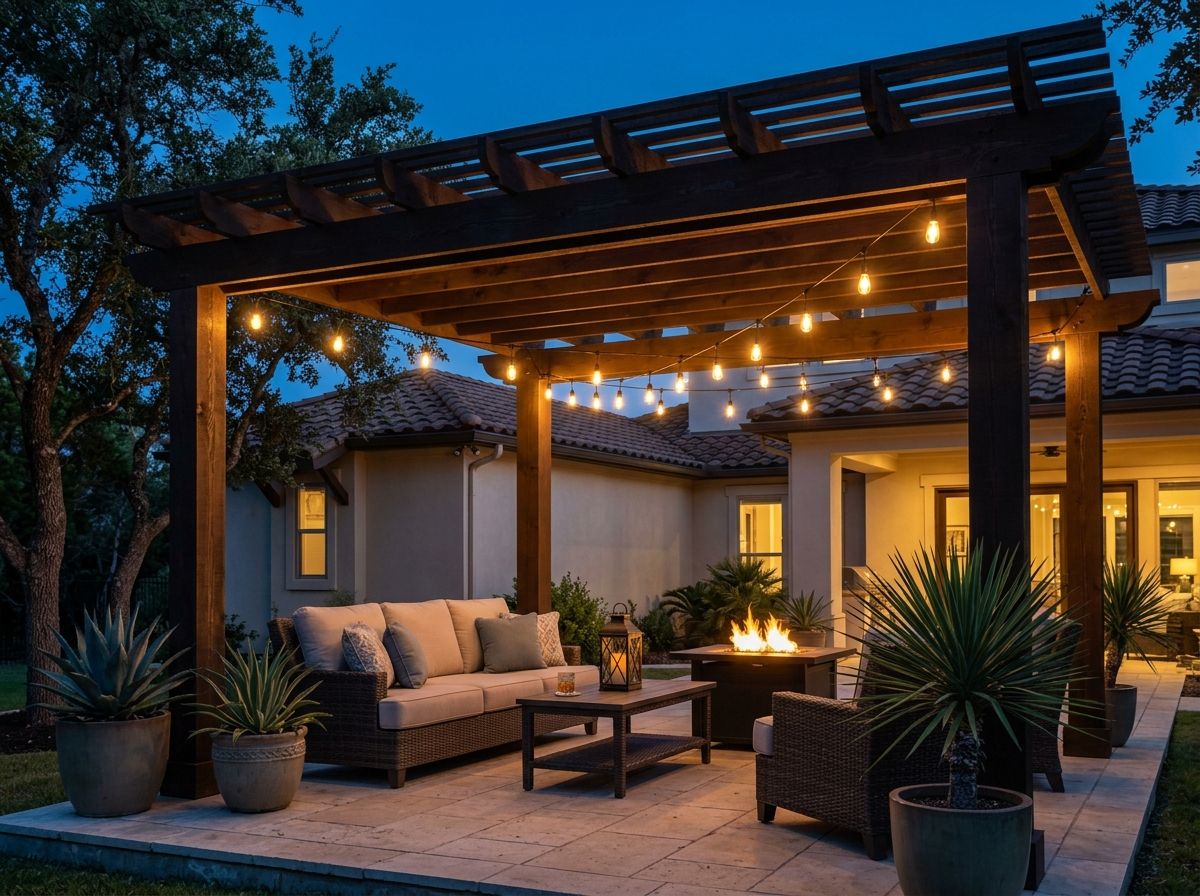 Patio Bistro String Lights landscape lighting strung above patio, warm bulbs on black cord between posts.