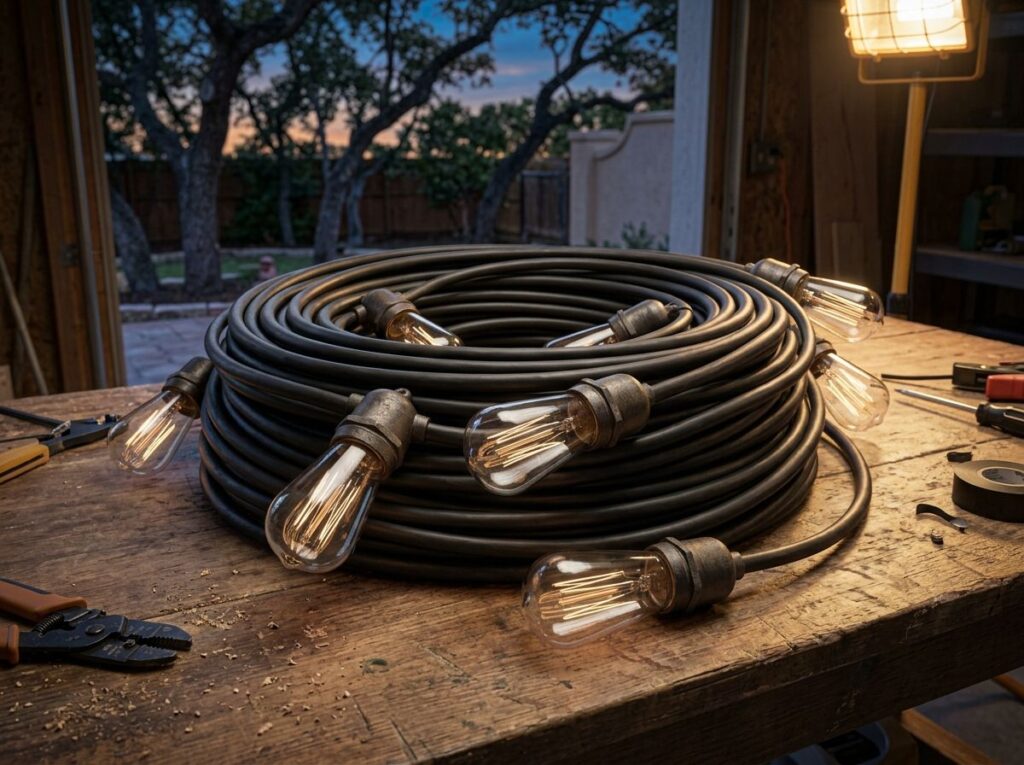 Patio Bistro String Lights strung overhead across a patio, warm bulbs creating ambient landscape lighting.