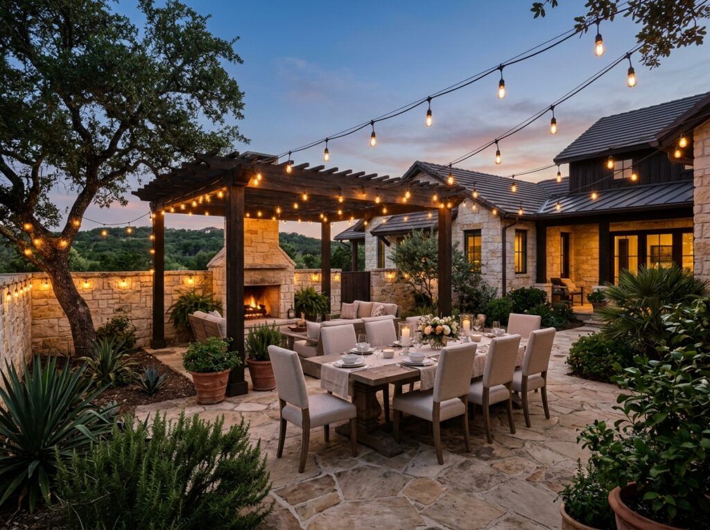 Patio Bistro String Lights landscape lighting strung overhead across a patio, warm bulbs on black cable.