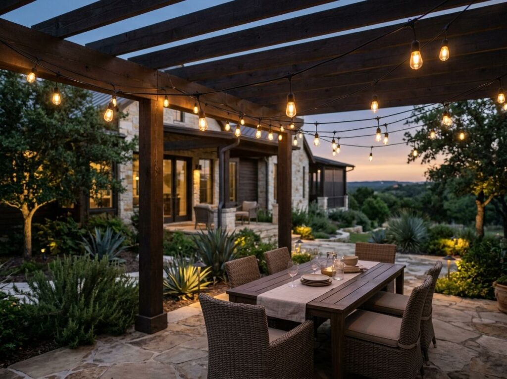 Patio Bistro String Lights landscape lighting strung overhead across patio, warm bulbs on black cord.