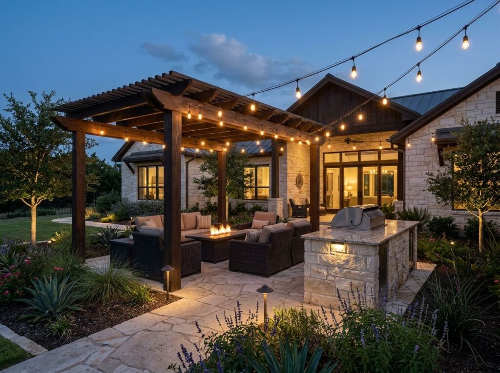 Patio Bistro String Lights landscape lighting strung over patio, warm white bulbs suspended between home and pergola.
