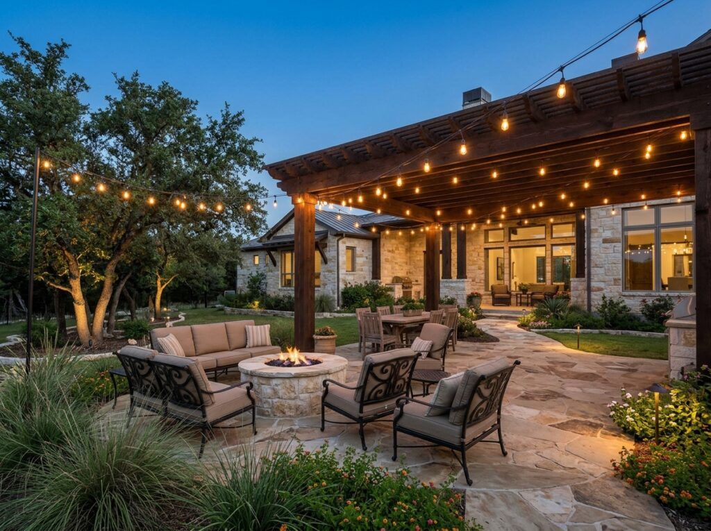 Patio Bistro String Lights overhead on patio, warm bulbs strung between posts for landscape lighting.