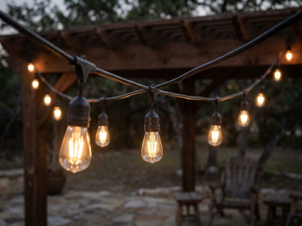 Patio Bistro String Lights landscape lighting draped overhead across a patio, warm bulbs on black cable.