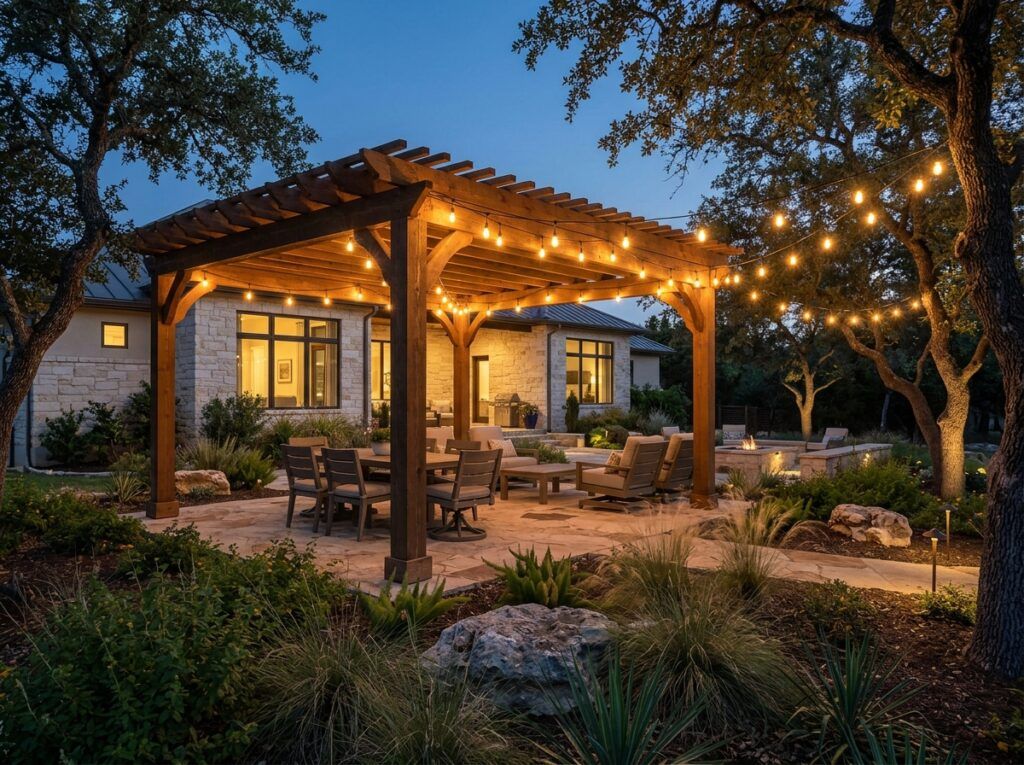 Patio Bistro String Lights landscape lighting strung overhead on a patio, warm bulbs suspended between posts.