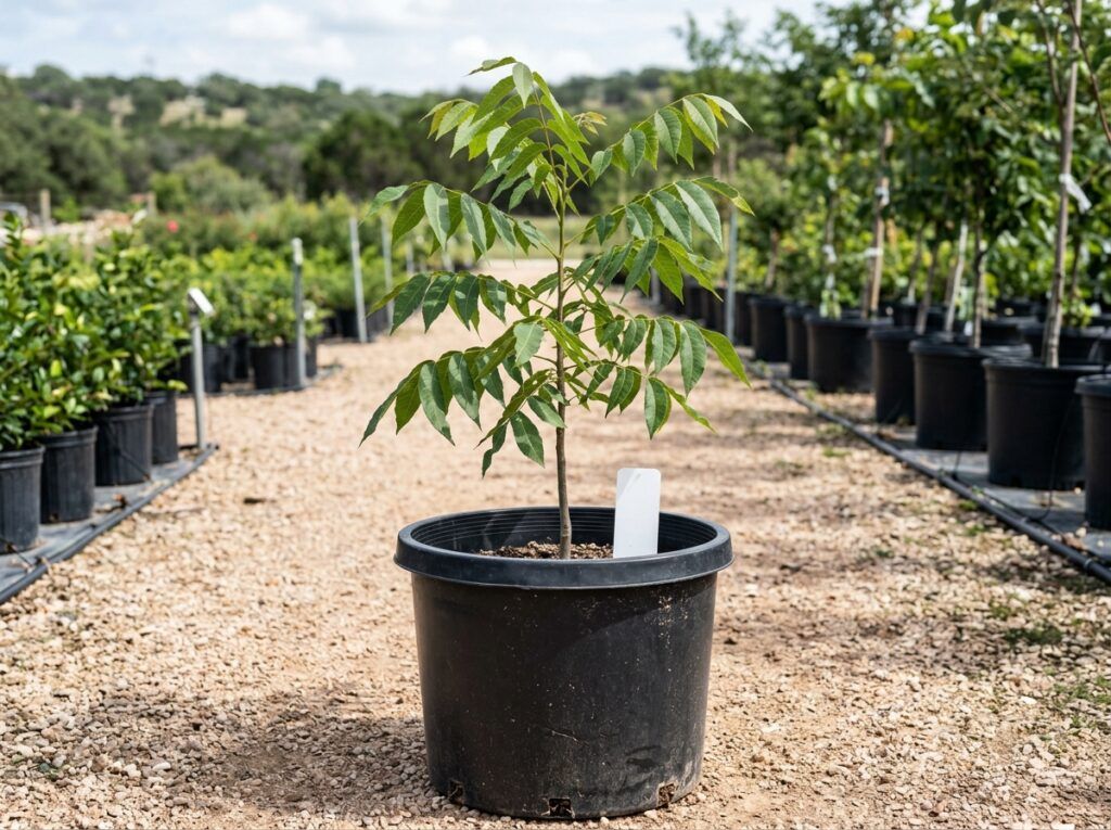Pecan tree in a black nursery pot with a full green canopy, isolated on a white background.