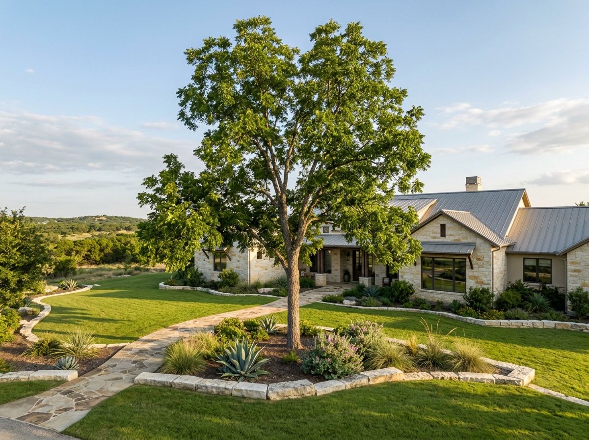 Pecan Tree with broad green canopy in landscaped yard beside luxury home.