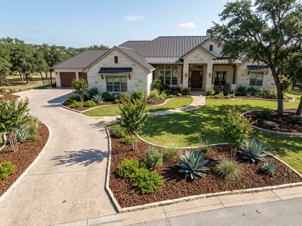 Pecan Shell Mulch ground cover spread in a rich brown layer around plants along a garden bed.