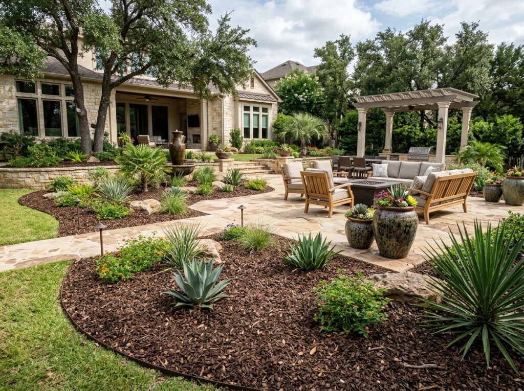 Pecan Shell Mulch ground cover spread in a brown layer around garden plants and edging.
