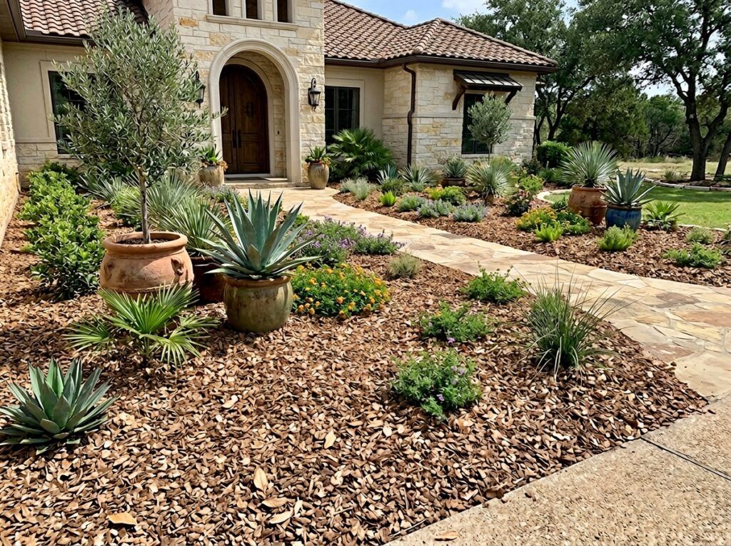Pecan Shell Mulch ground cover spread in a garden bed, showing reddish-brown crushed shells around plants.