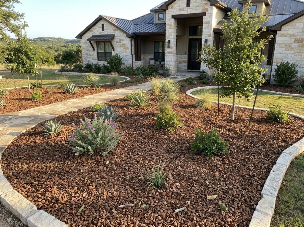 Pecan Shell Mulch ground cover spread in a rich brown layer around landscape plants and edging.