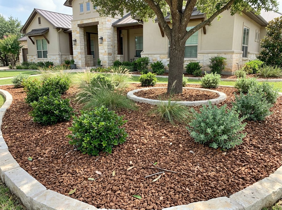 Pecan Shell Mulch ground cover spread in a garden bed, showing warm brown shell pieces around plants.