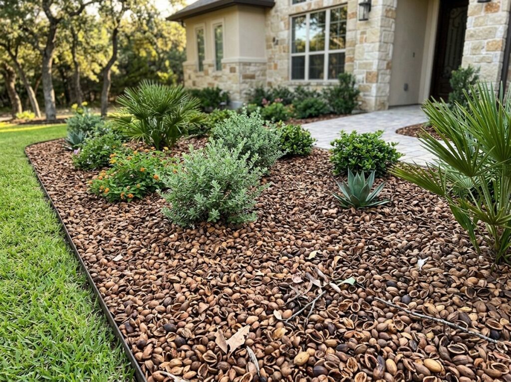 Pecan Shell Mulch ground cover with coarse brown shell chips spread in a thick layer for landscaping beds.