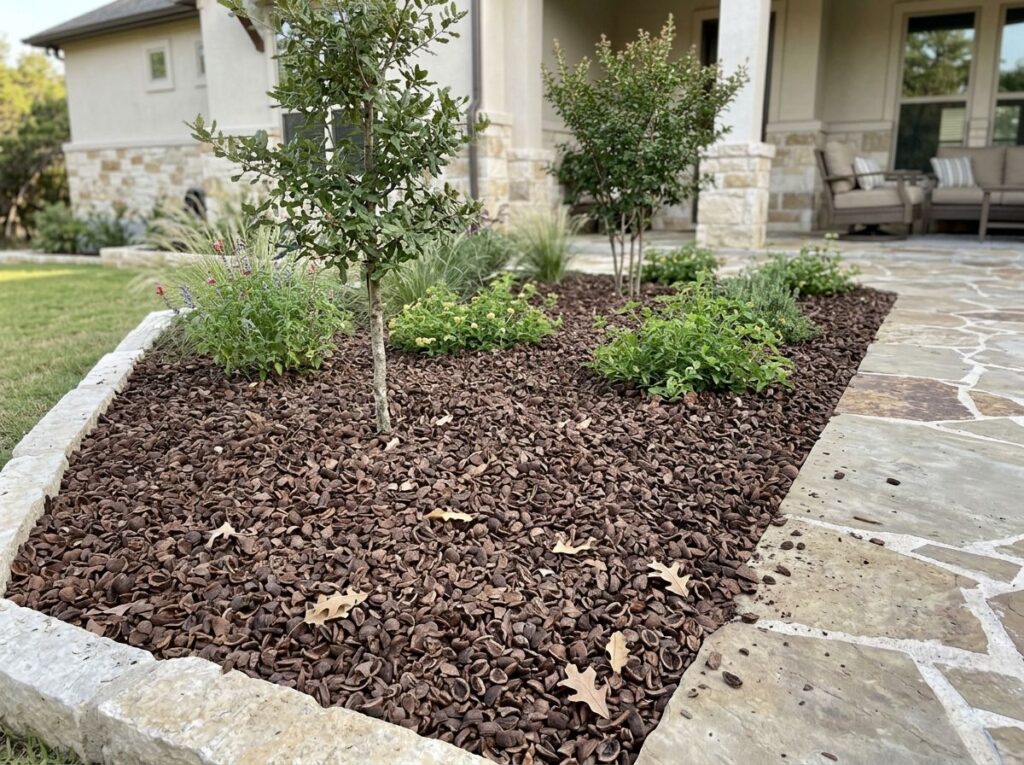 Pecan Shell Mulch ground cover spread in a thick layer, showing reddish-brown shell pieces with rough texture.