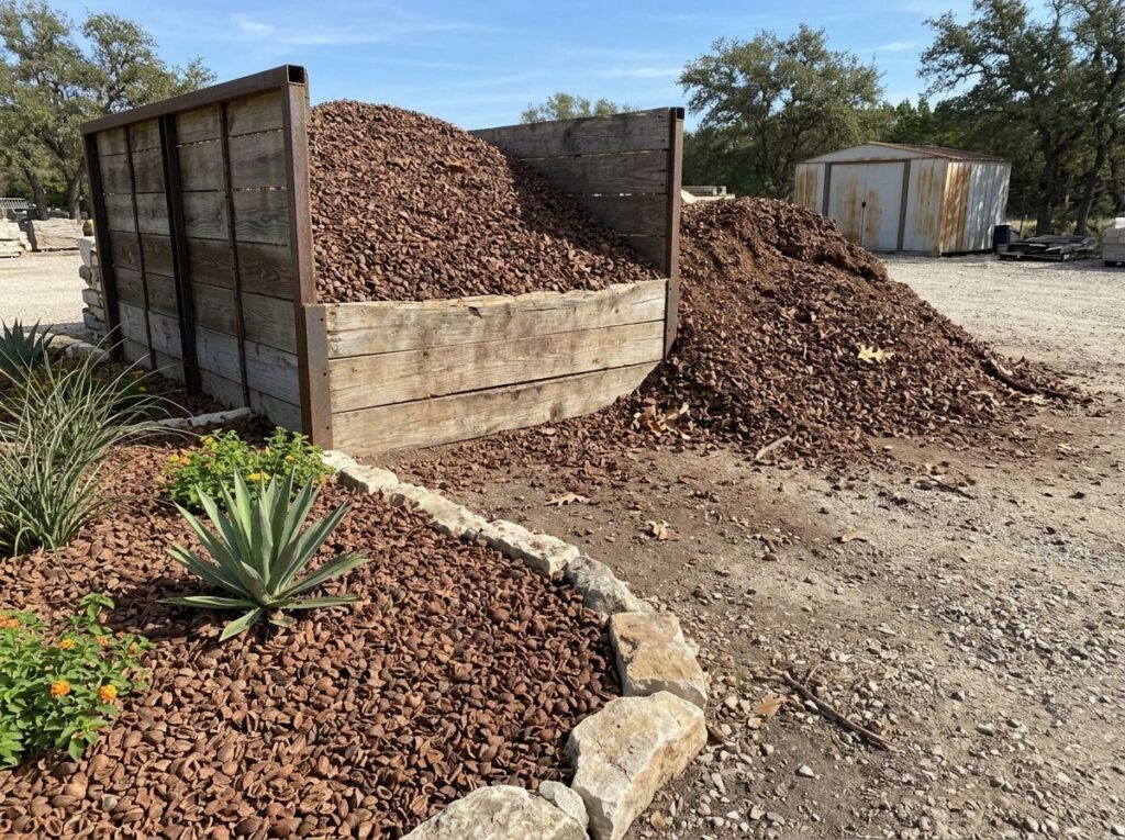 Pecan Shell Mulch ground cover with reddish-brown shell pieces spread evenly over a garden bed.