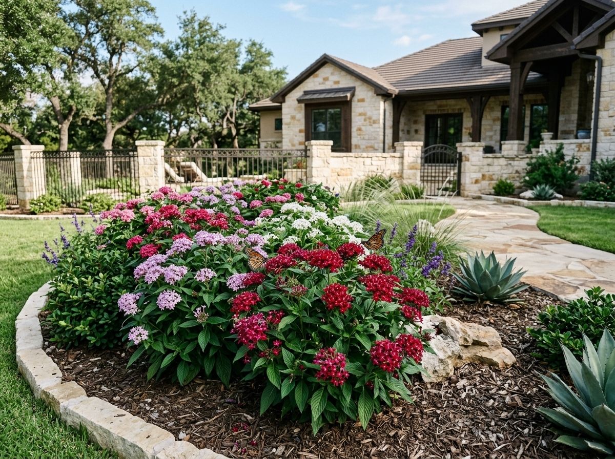 Penta perennial with clusters of bright pink star-shaped flowers and glossy green foliage in a garden bed.