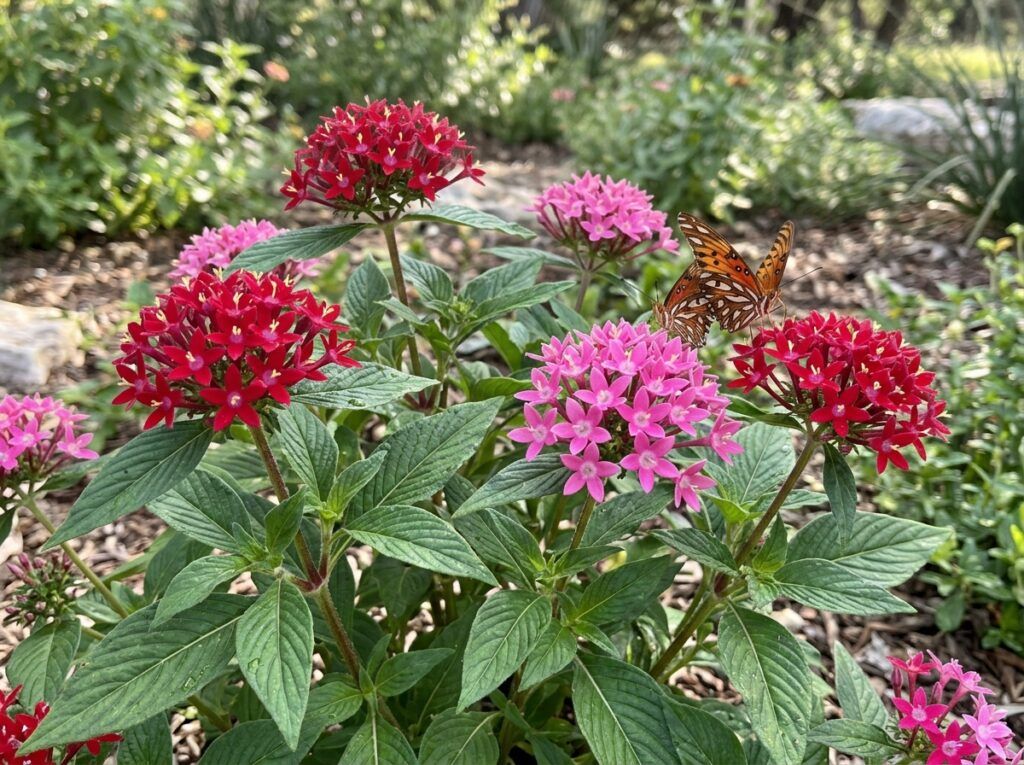 Penta perennial in a nursery pot, showing green foliage and clusters of pink star-shaped blooms.