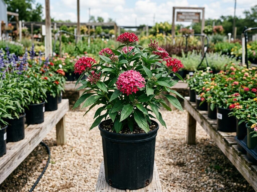 Penta perennial in a nursery pot with clusters of pink star-shaped flowers and dense green foliage.