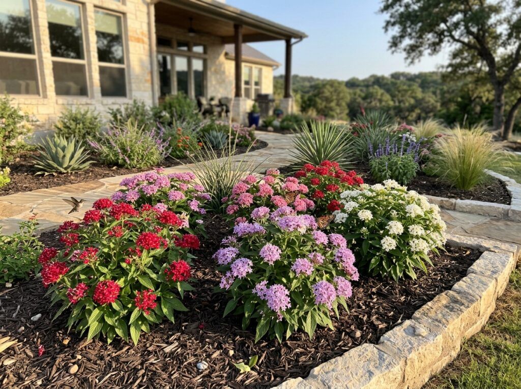 Penta perennial with pink star-shaped flower clusters and lush green foliage.