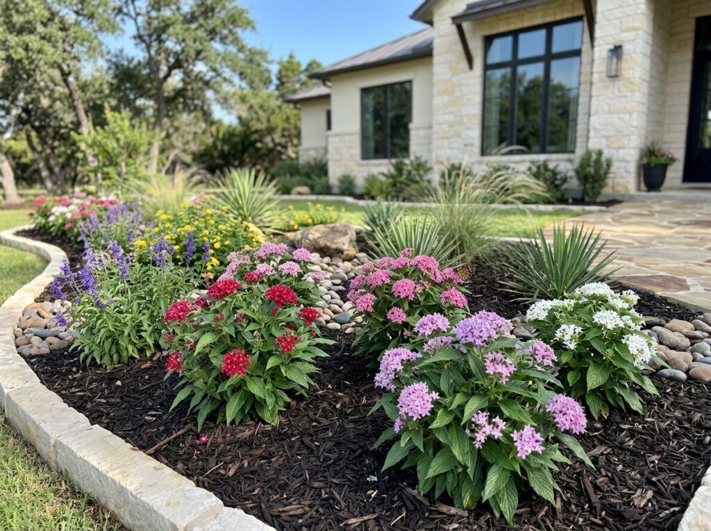 Penta perennial with clusters of pink star-shaped flowers and glossy green foliage in a nursery container.