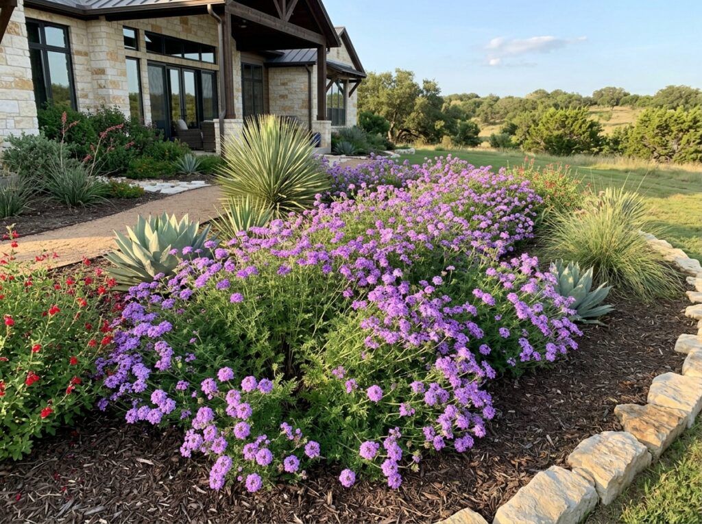Perennial Verbena perennial with clusters of small purple flowers and dense green foliage in a garden bed.