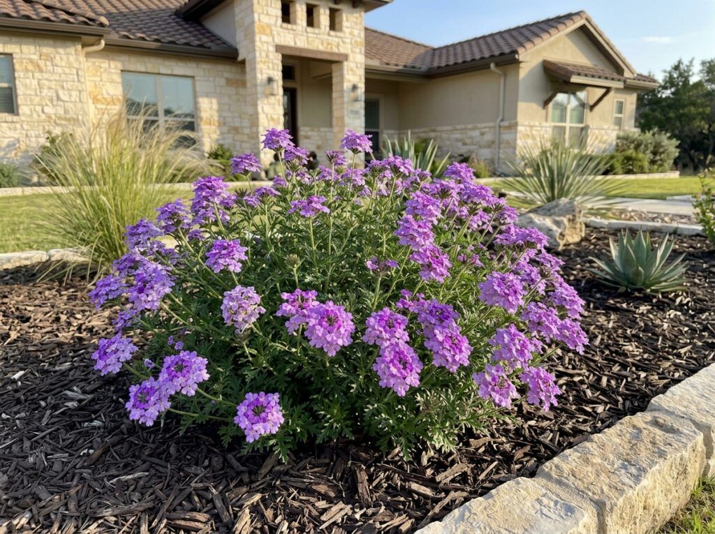 Perennial Verbena perennial in bloom with clusters of purple flowers and green foliage in a container.