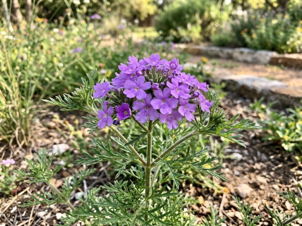 Perennial Verbena perennial in nursery pot with trailing green foliage and clusters of purple flowers.