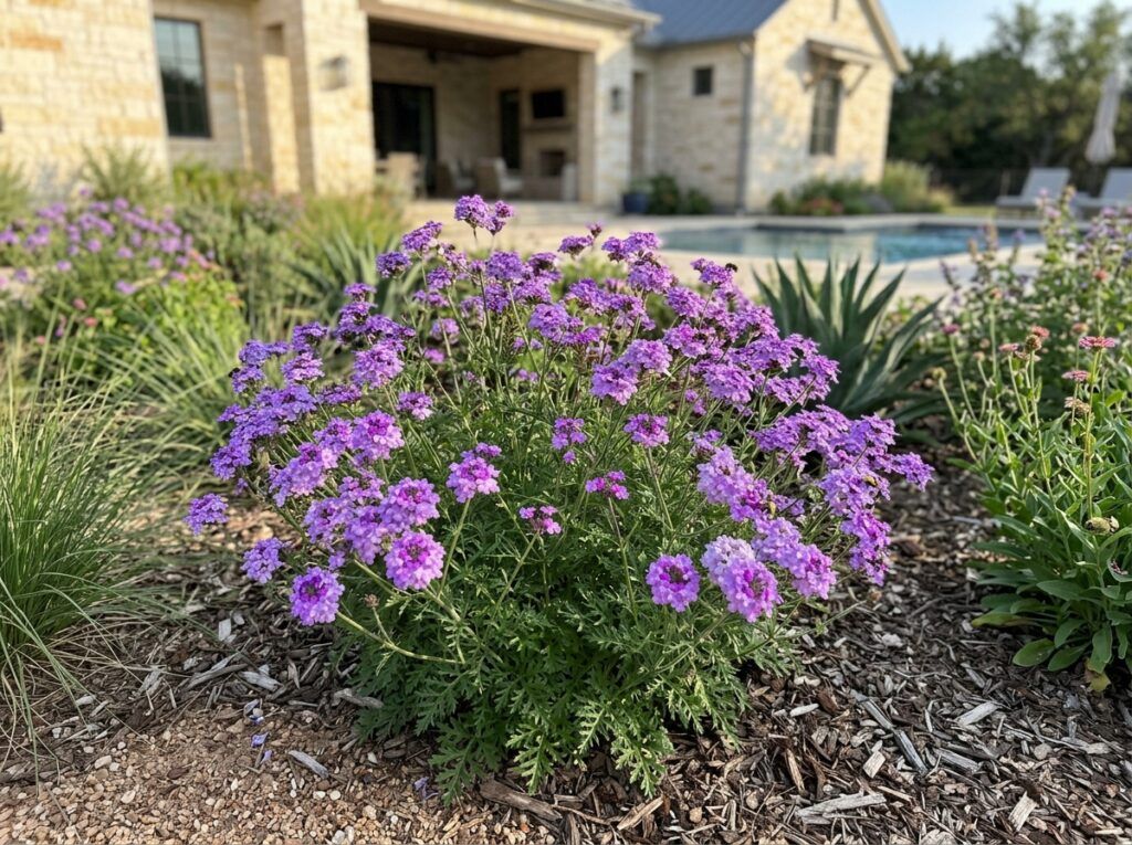 Perennial Verbena perennial with clusters of purple flowers and green foliage in a nursery pot.