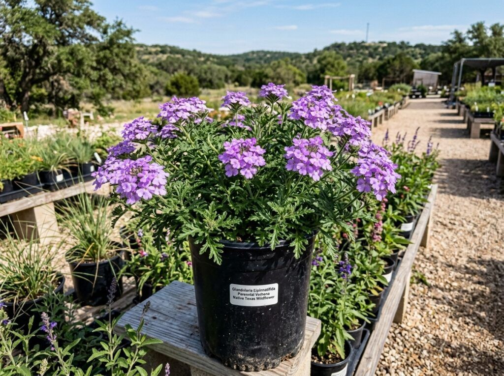 Perennial Verbena perennial with clusters of purple blooms and green foliage in a garden bed.