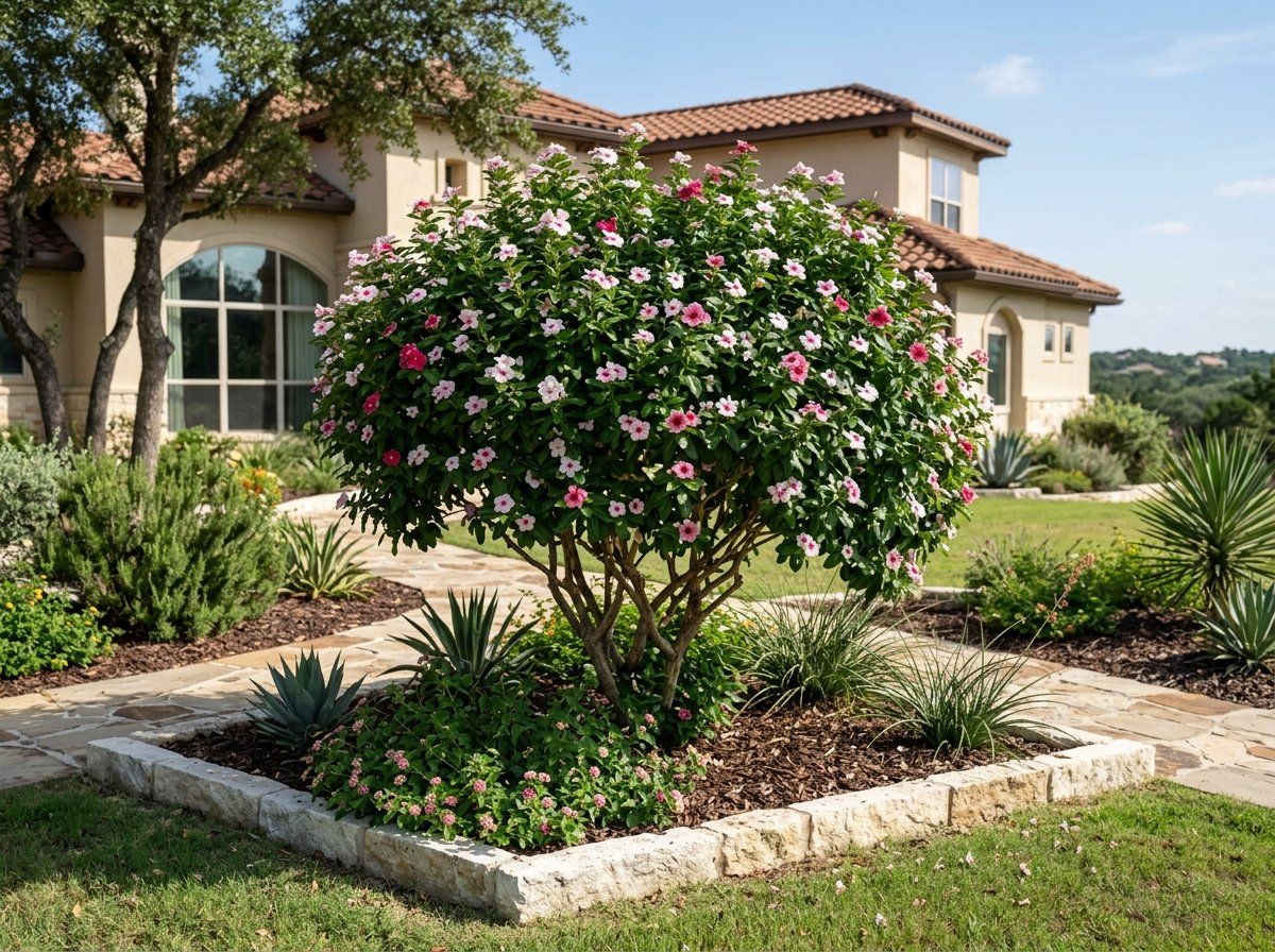 Periwinkle groundcover with glossy green leaves and small purple flowers spreading across a garden bed.