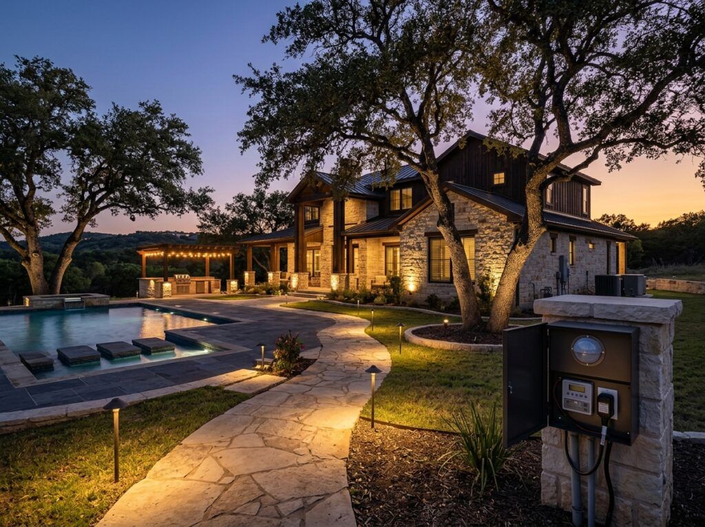 Photocell Timer Plug controlling landscape lighting from outdoor outlet, black plug-in timer with sensor facing out.