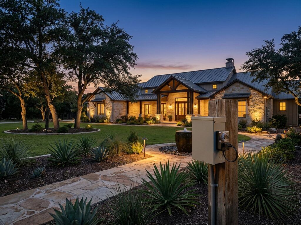 Photocell Timer Plug controlling landscape lighting, white outdoor plug-in adapter with photocell facing outward.