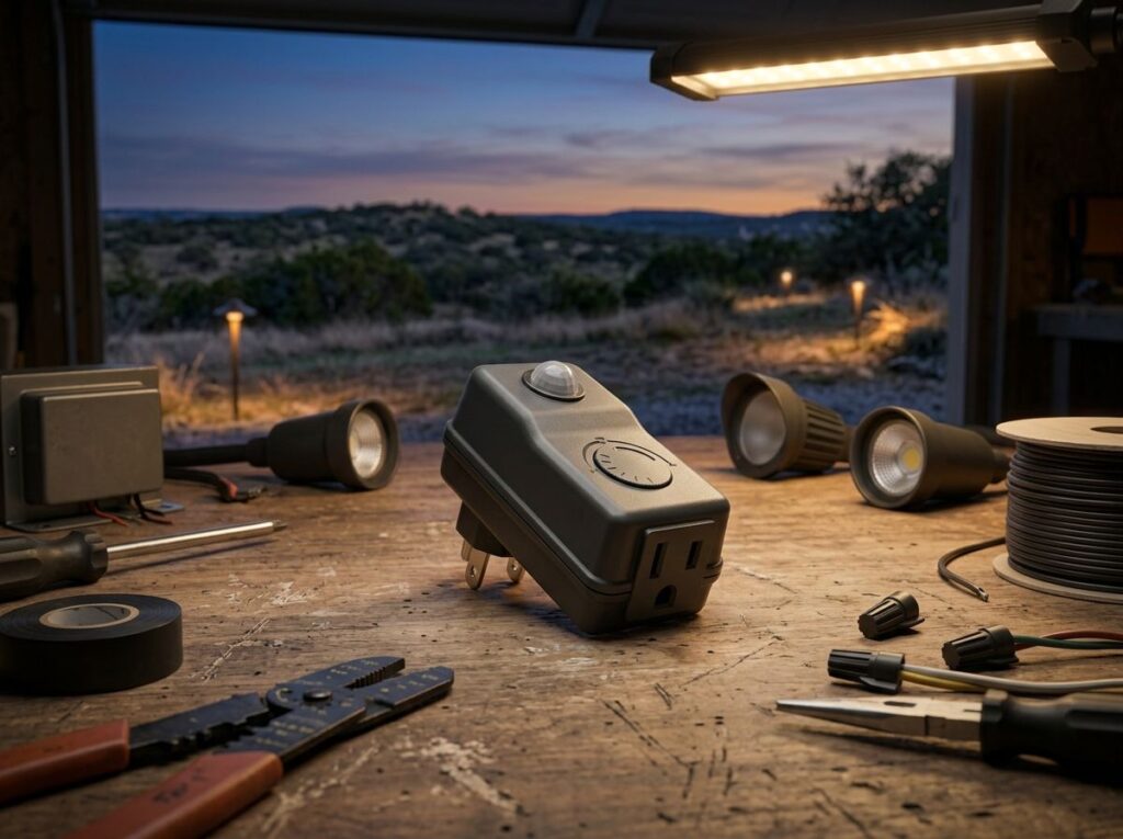 Photocell Timer Plug controls landscape lighting, black outdoor plug-in timer with light sensor shown close-up.