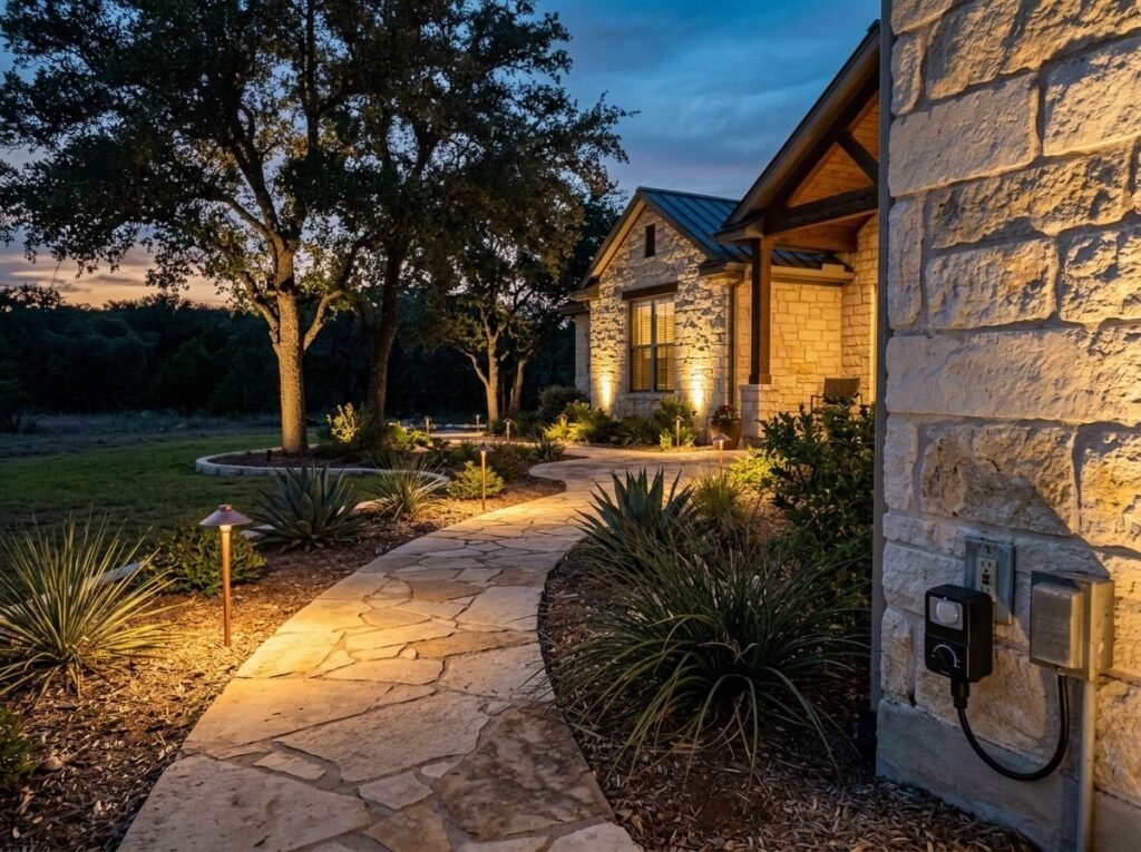 Photocell Timer Plug for landscape lighting, black outdoor plug-in timer with built-in photocell sensor.