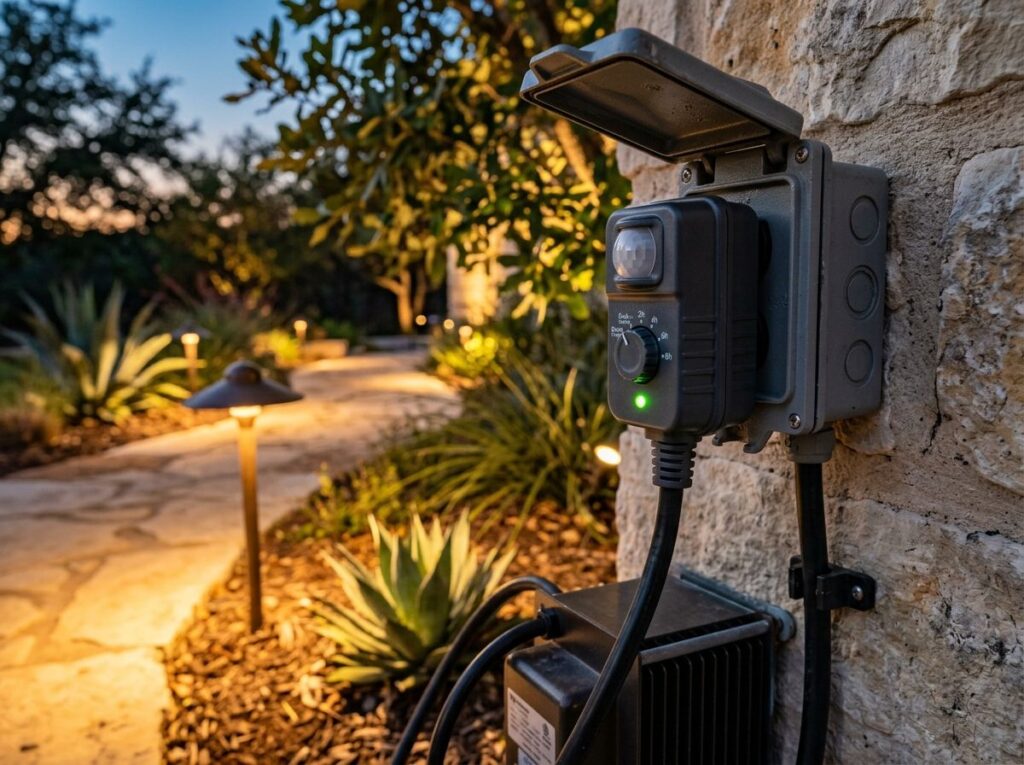 Photocell Timer Plug for landscape lighting, black outdoor plug with light sensor and timer dial.
