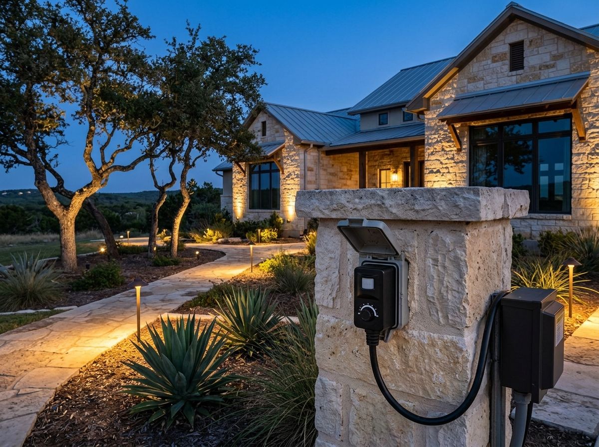 Photocell Timer Plug for landscape lighting, black outdoor plug-in timer with built-in photocell sensor and dial.