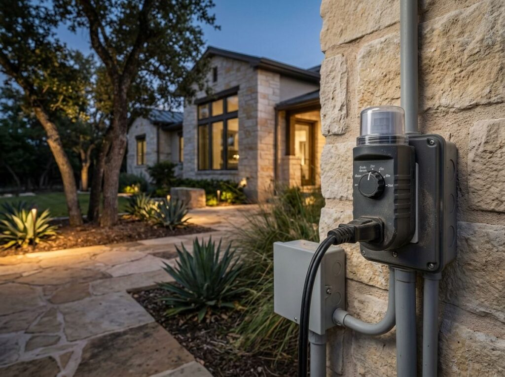 Photocell Timer Plug with light sensor and dial timer for landscape lighting, shown as a black outdoor plug adapter.