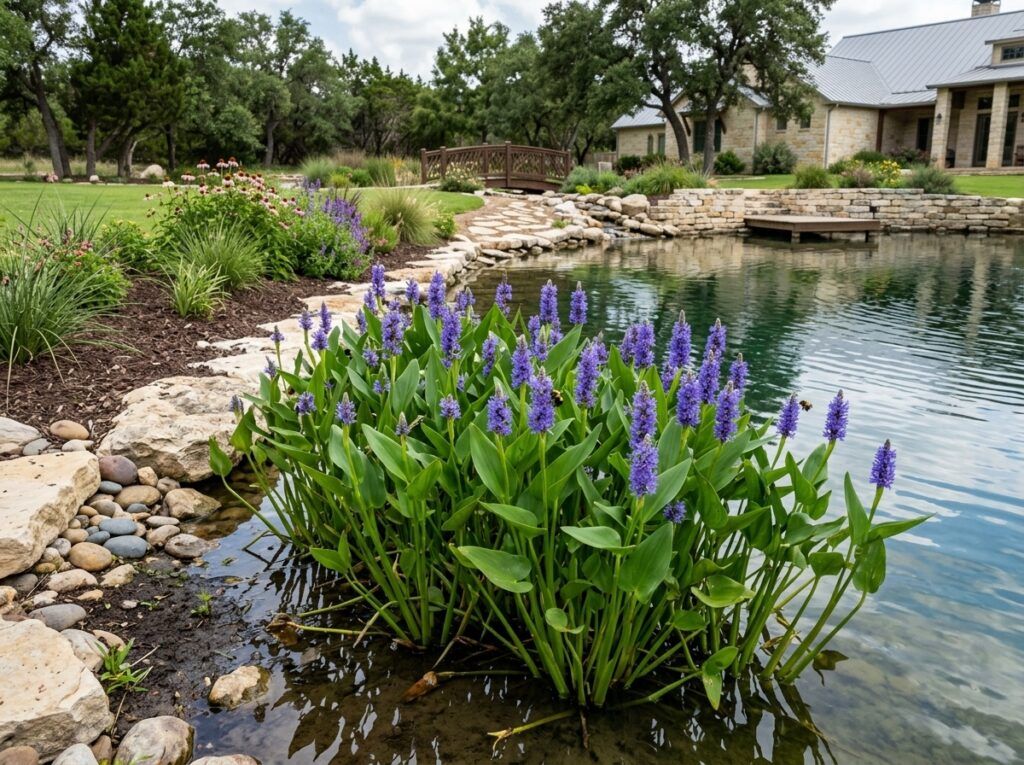 Pickerelweed perennial in a black nursery pot with upright green leaves and purple flower spikes.