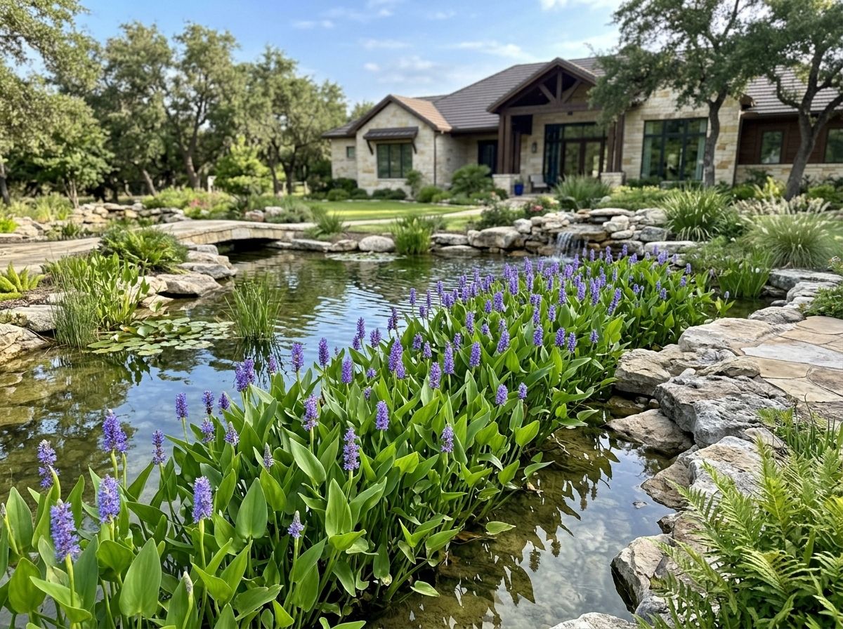 Pickerelweed perennial with glossy green leaves and purple flower spikes growing at pond edge.