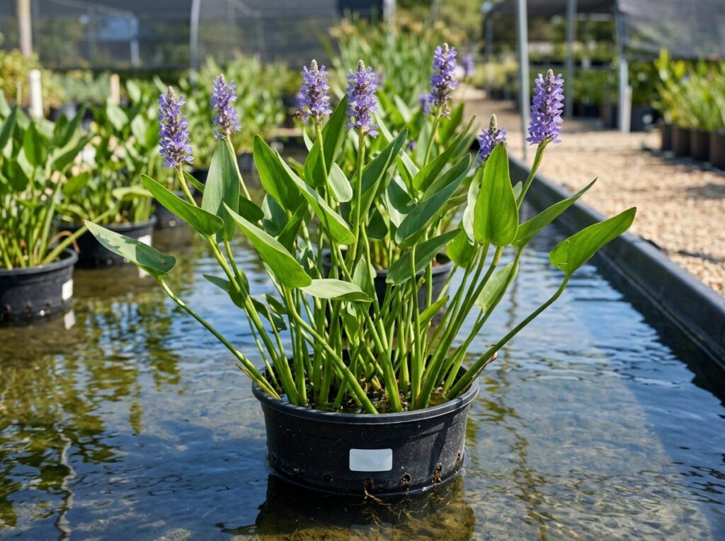 Pickerelweed perennial with upright green leaves and spikes of purple flowers growing at pond edge.