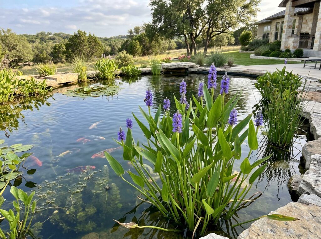 Pickerelweed perennial with tall purple flower spikes and glossy green leaves growing in shallow water.
