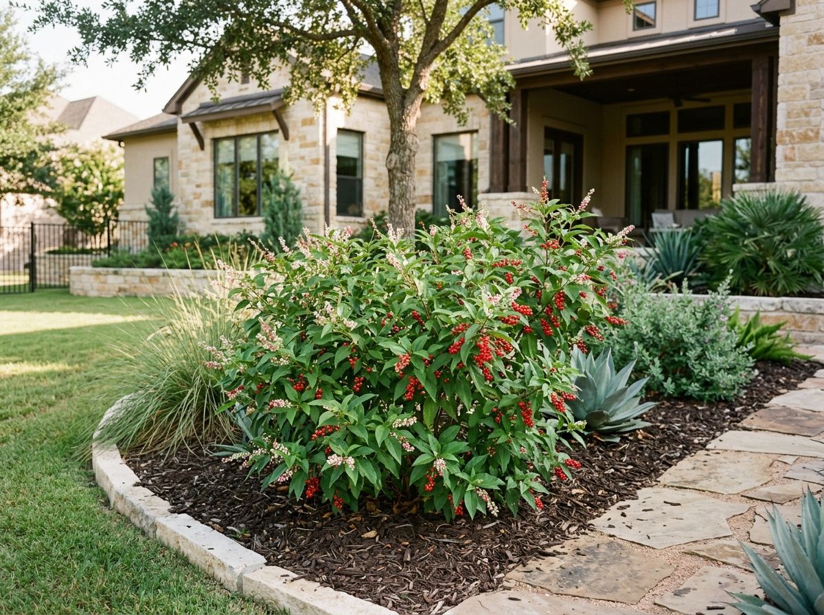 Pigeonberry groundcover with glossy green leaves and clusters of bright red berries growing in a garden bed.