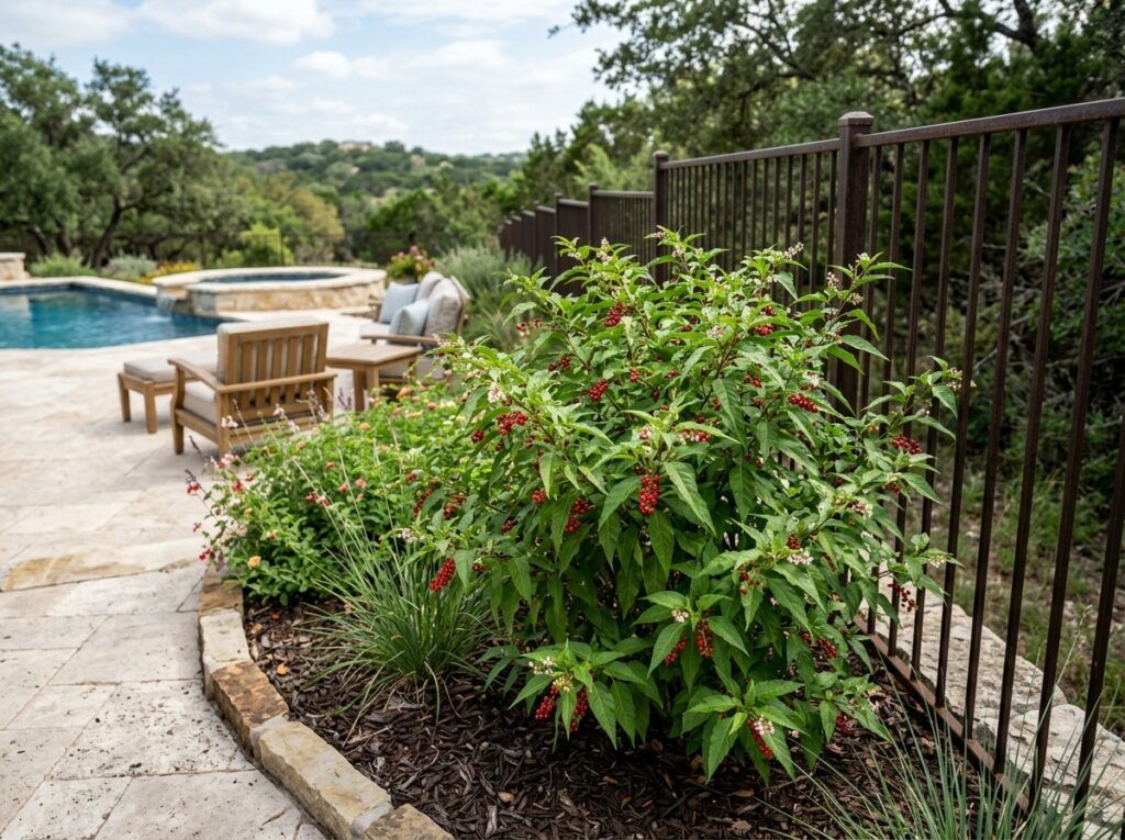 Pigeonberry shrub with glossy green leaves and clusters of bright red berries in a container.