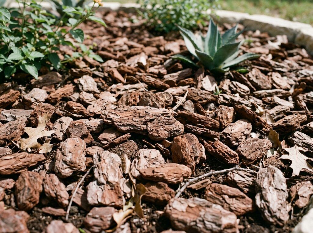 Pine Bark Nuggets Large mulch ground cover in chunky dark brown nuggets spread over soil.