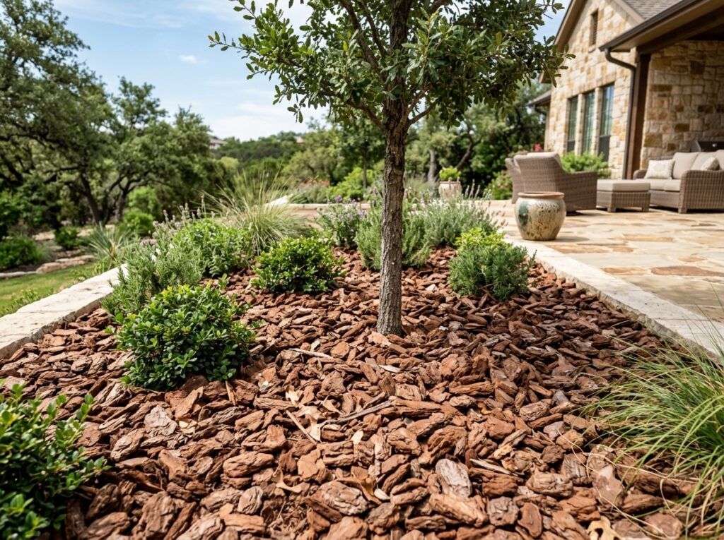 Pine Bark Nuggets Large mulch ground cover in chunky brown bark pieces piled for landscaping beds.