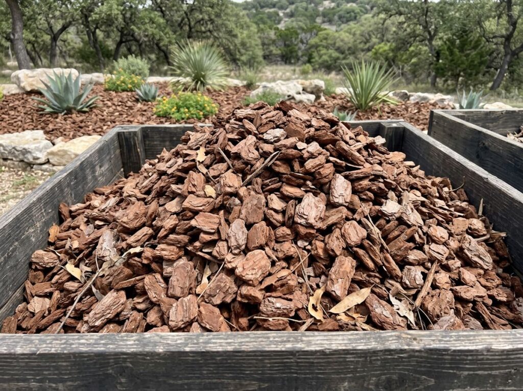Pine Bark Nuggets Large mulch ground cover in a loose pile, showing chunky dark brown bark pieces and texture.