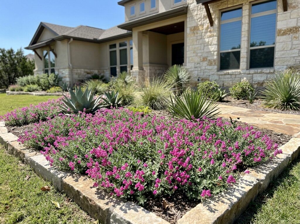 Pink Skullcap perennial with bright pink flower spikes and green foliage in a garden bed.