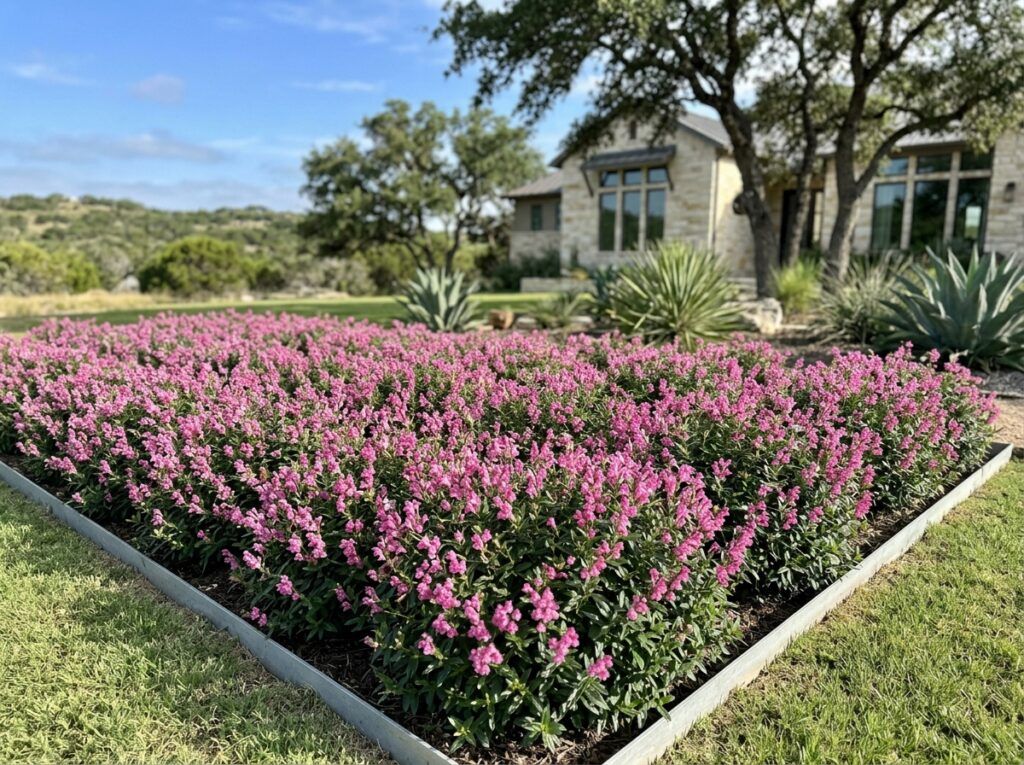 Pink Skullcap perennial with bright pink tubular flowers above dense green foliage.